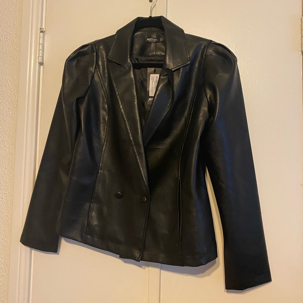 Black Faux Leather Blazer - 4
